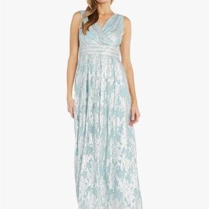 R&M Richards Light Aqua and Silver V-Neck Jacquard Maxi Dress